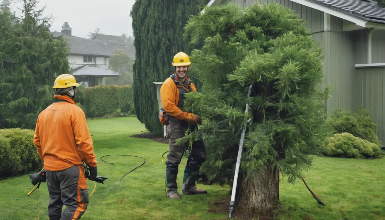 A tree removal provider cutting a large tree in a McMinnville backyard